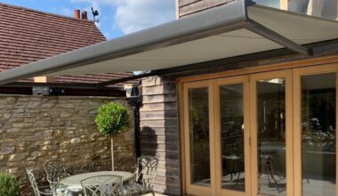 Retractable awning over patio